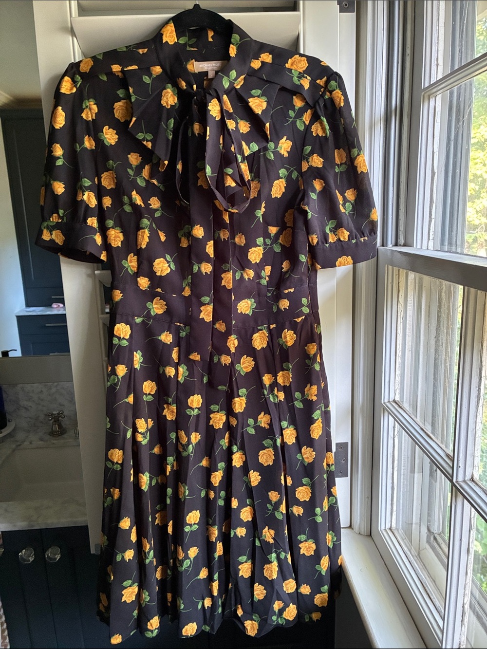 Michael Kors Collection Black Floral Tie-Neck Midi Dress with Yellow Roses - Picture 2 of 9